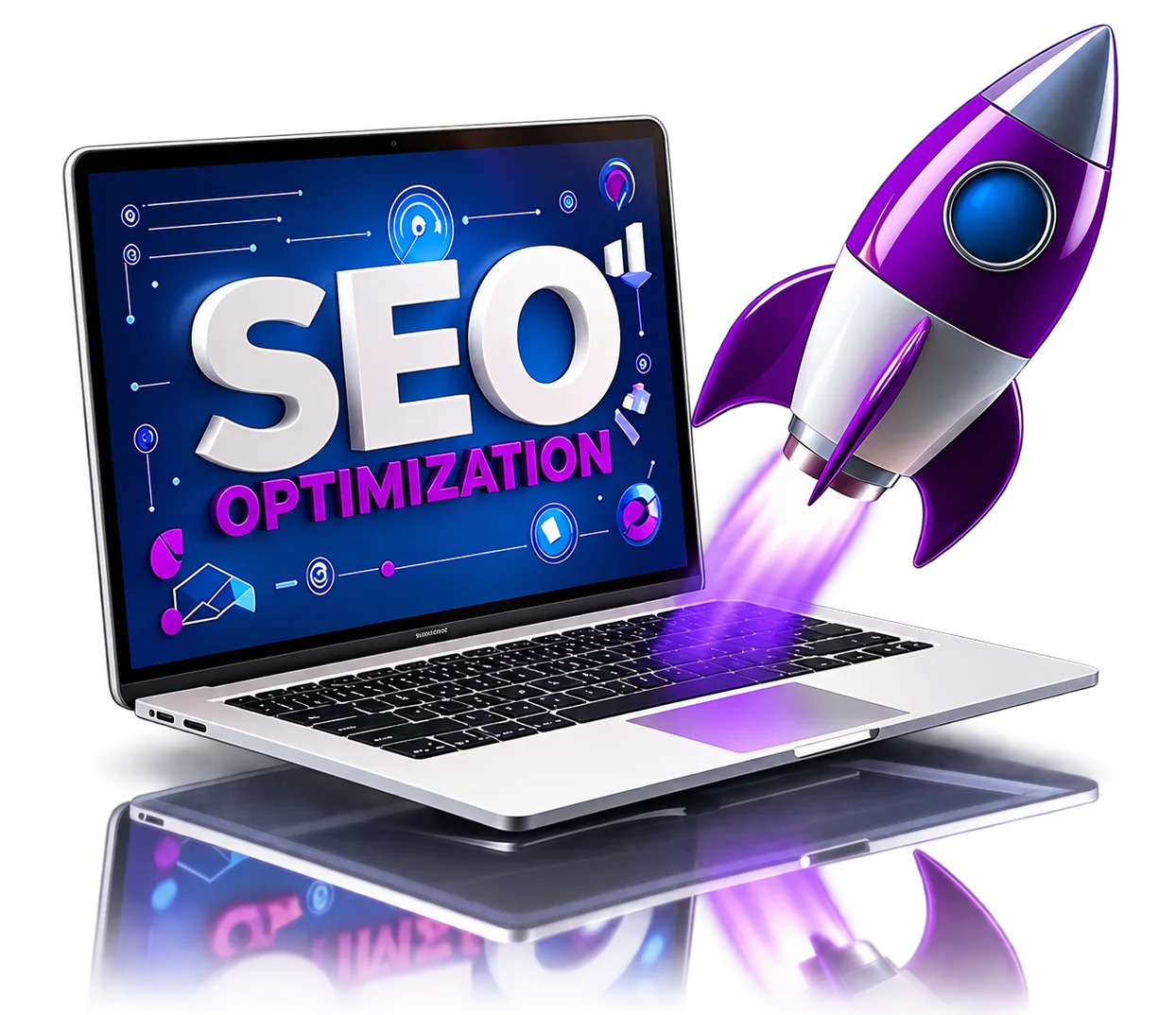 Laptop showing SEO optimization with a launching rocket